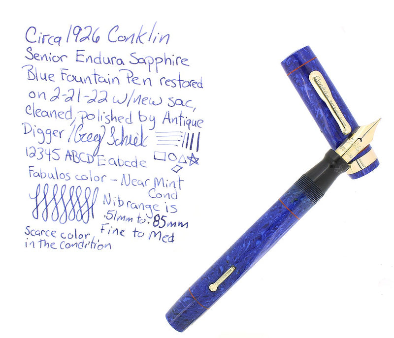 CIRCA 1926 CONKLIN SENIOR ENDURA SAPPHIRE BLUE FOUNTAIN PEN RESTORED NEAR MINT OFFERED BY ANTIQUE DIGGER