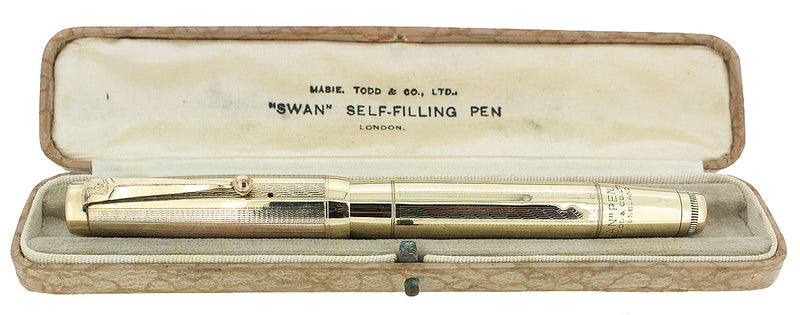 C1926 MABIE TODD SWAN GOLD FILLED OVERLAY TWISTFILLER FOUNTAIN PEN w/F-BBB FLEX NIB OFFERED BY ANTIQUE DIGGER