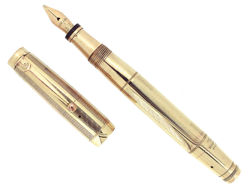 C1926 MABIE TODD SWAN GOLD FILLED OVERLAY TWISTFILLER FOUNTAIN PEN w/F-BBB FLEX NIB OFFERED BY ANTIQUE DIGGER