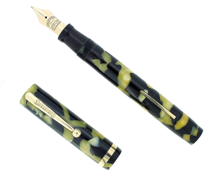 C1926 SHEAFFER OVERSIZE SENIOR BLACK & PEARL FLAT TOP FOUNTAIN PEN RESTORED NEAR MINT OFFERED BY ANTIQUE DIGGER