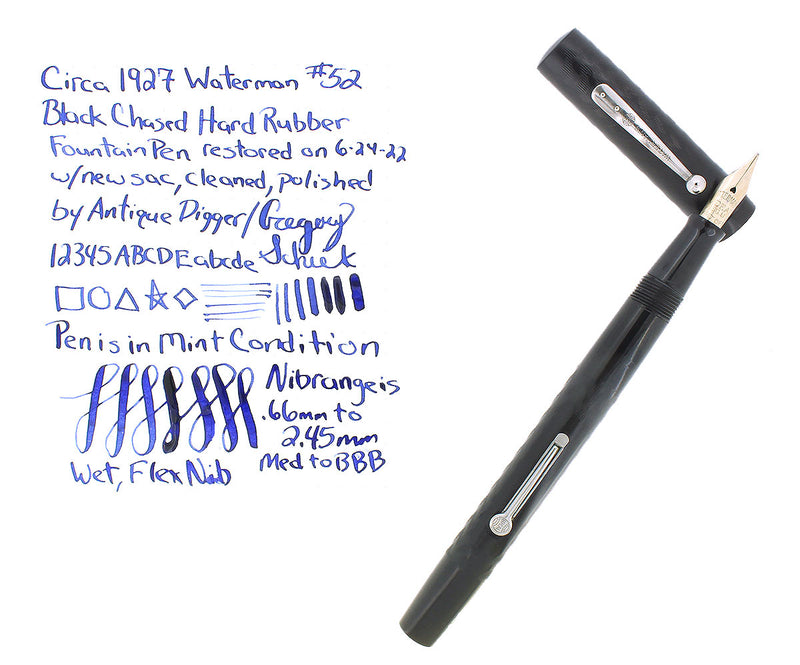 CIRCA 1927 WATERMAN 52 BLACK CHASED HR FOUNTAIN PEN M-BBB 2.45MM FLEX NIB MINT OFFERED BY ANTIQUE DIGGER