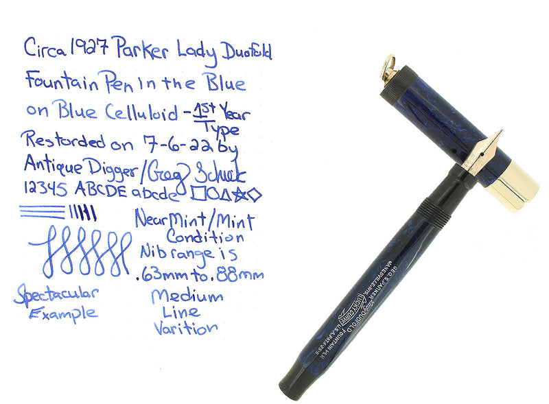 C1927 1ST YEAR PARKER LUCKY CURVE DUOFOLD LAPIS BLUEON BLUE FOUNTAIN PEN RESTORED OFFERED BY ANTIQUE DIGGER