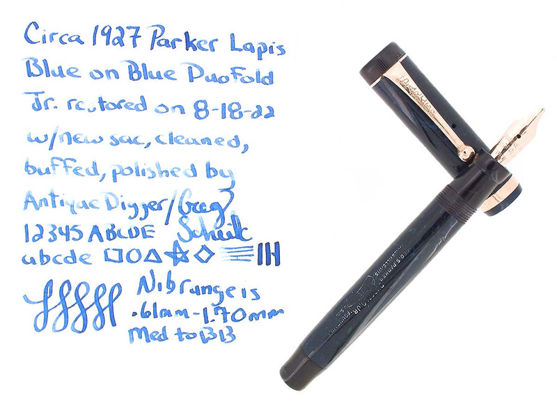 C1927 PARKER JUNIOR DUOFOLD BLUE ON BLUE LAPIS FOUNTAIN PEN BROAD LEFT OBLIQUE NIB RESTORED OFFERED BY ANTIQUE DIGGER