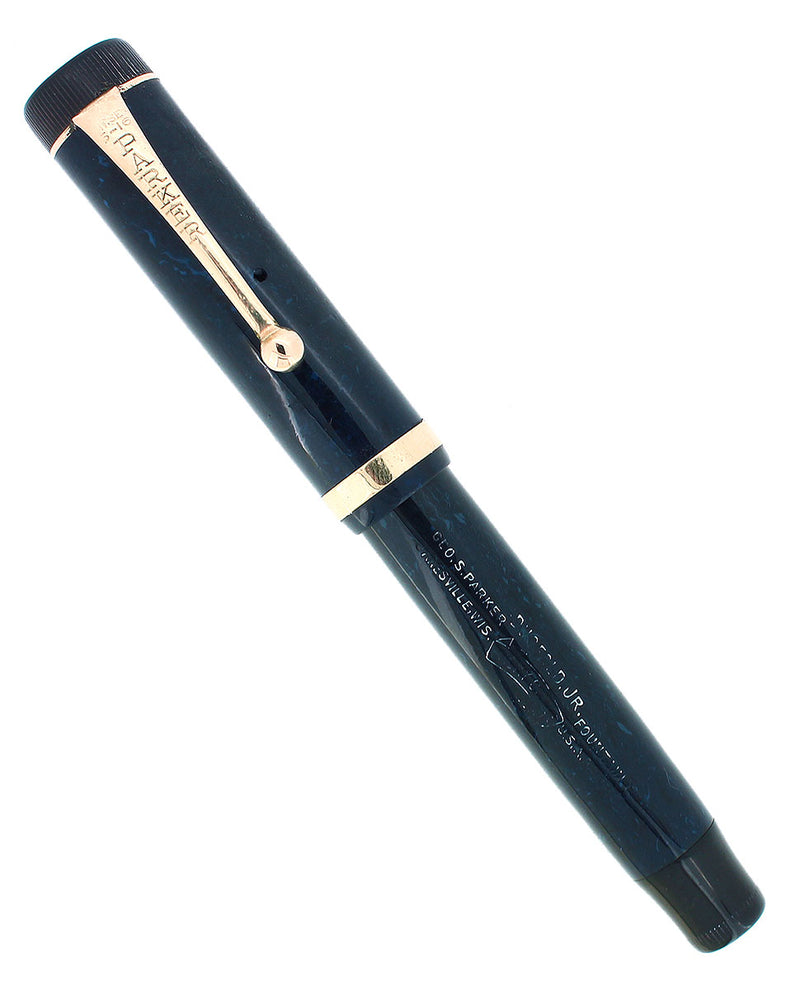 C1927 PARKER JUNIOR DUOFOLD BLUE ON BLUE LAPIS FOUNTAIN PEN BROAD LEFT OBLIQUE NIB RESTORED OFFERED BY ANTIQUE DIGGER