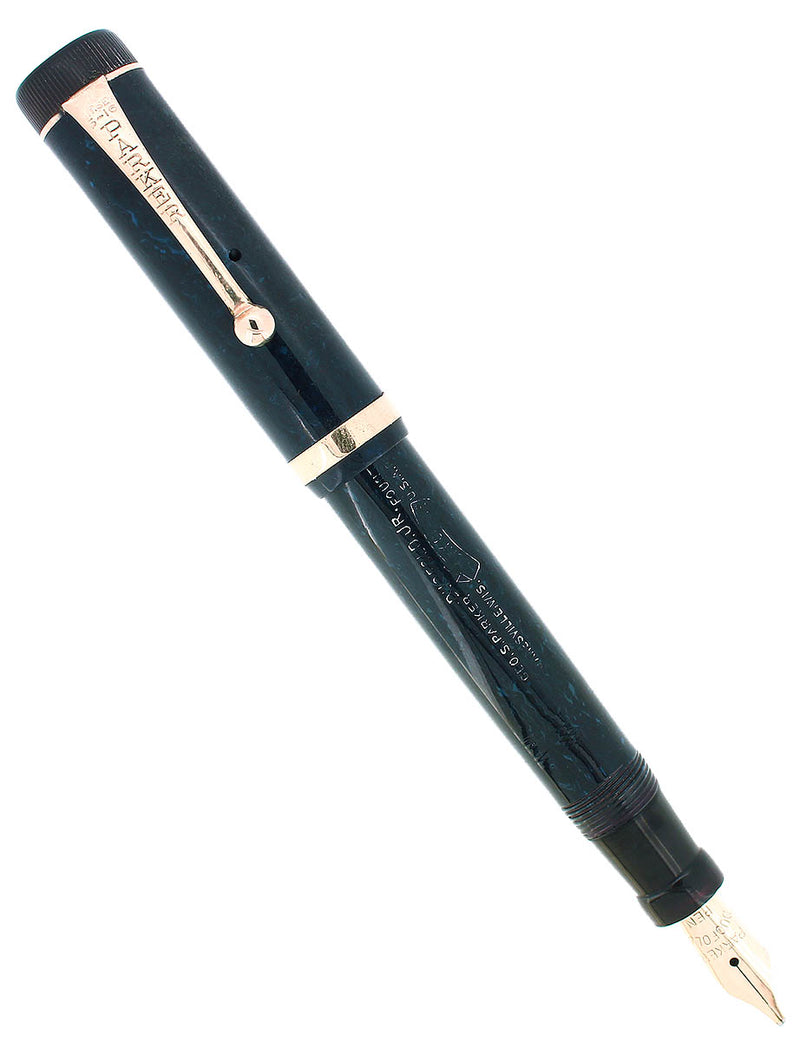 C1927 PARKER JUNIOR DUOFOLD BLUE ON BLUE LAPIS FOUNTAIN PEN BROAD LEFT OBLIQUE NIB RESTORED OFFERED BY ANTIQUE DIGGER