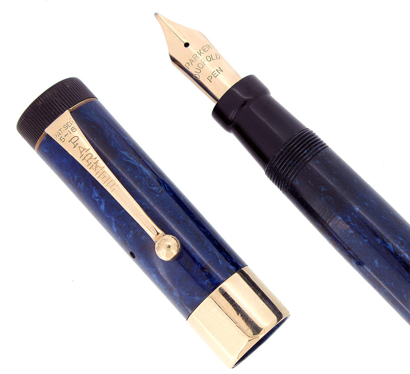 C1927 PARKER SR DUOFOLD BLUE ON BLUE LAPIS FOUNTAIN PEN WIDE CAP BAND RESTORED OFFERED BY ANTIQUE DIGGER