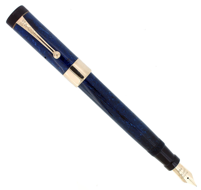 C1927 PARKER SR DUOFOLD BLUE ON BLUE LAPIS FOUNTAIN PEN WIDE CAP BAND RESTORED OFFERED BY ANTIQUE DIGGER