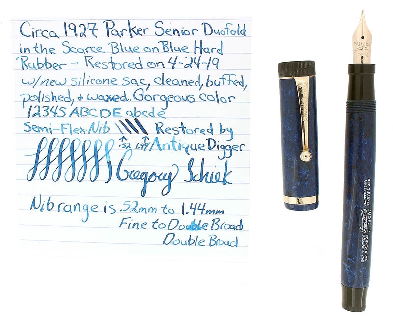 CIRCA 1927 PARKER SENIOR DUOFOLD BLUE ON BLUE LAPIS FOUNTAIN PEN F-BB FLEX NIB RESTORED OFFERED BY ANTIQUE DIGGER