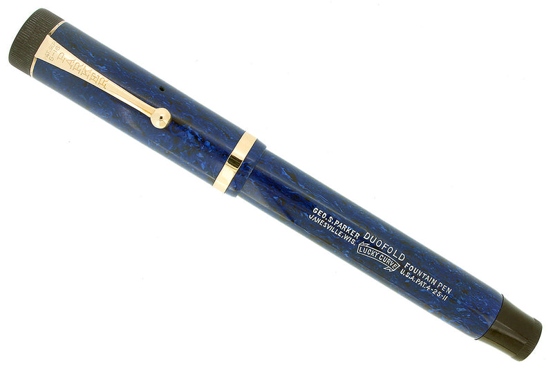 CIRCA 1927 PARKER SENIOR DUOFOLD BLUE ON BLUE LAPIS FOUNTAIN PEN F-BB FLEX NIB RESTORED OFFERED BY ANTIQUE DIGGER