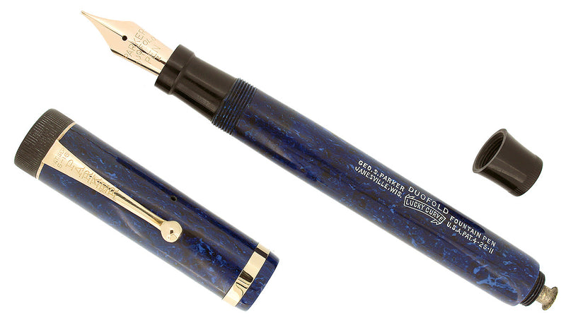 CIRCA 1927 PARKER SENIOR DUOFOLD BLUE ON BLUE LAPIS FOUNTAIN PEN F-BB FLEX NIB RESTORED OFFERED BY ANTIQUE DIGGER