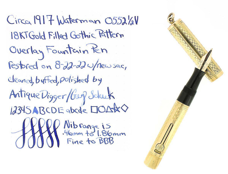 C1917 WATERMAN GOTHIC 452 1/2V F-BBB FLEX NIB FOUNTAIN PEN RESTORED OFFERED BY ANTIQUE DIGGER