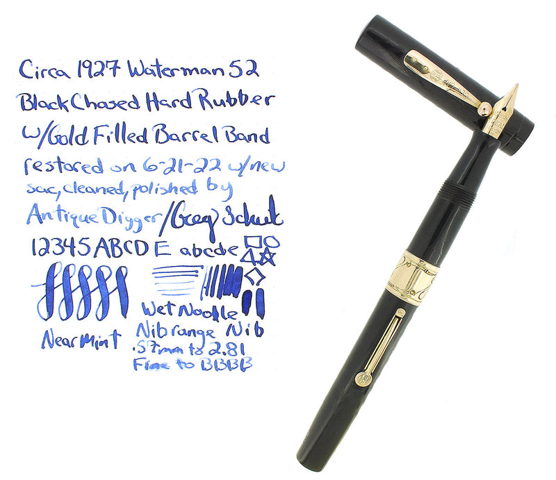 C1927 WATERMAN 52 BLACK CHASED HARD RUBBER FOUNTAIN  PEN F-BBBB 2.81MM FLEX NIB RESTORED OFFERED BY ANTIQUE DIGGER