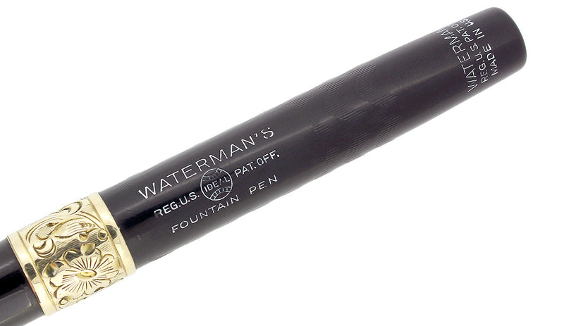 C1927 WATERMAN 52 BLACK CHASED HARD RUBBER FOUNTAIN  PEN F-BBBB 2.81MM FLEX NIB RESTORED OFFERED BY ANTIQUE DIGGER