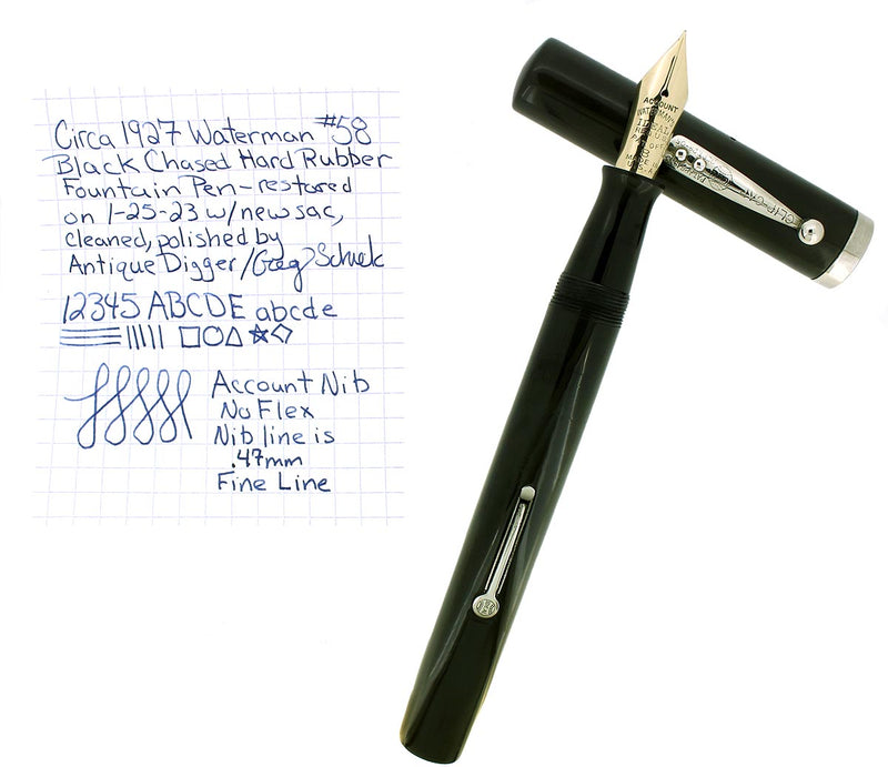 C1927 WATERMAN 58 BLACK CHASED HARD RUBBER FINE NIB FOUNTAIN PEN RESTORED OFFERED BY ANTIQUE DIGGER