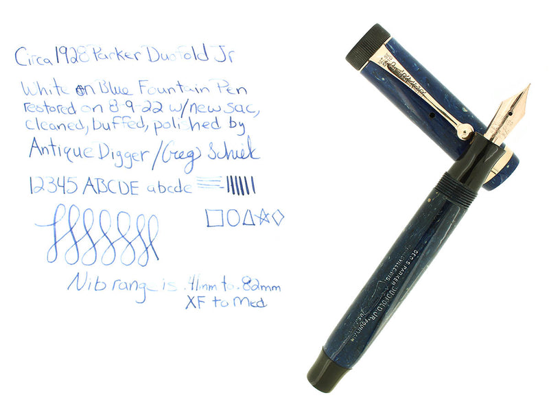 CIRCA 1928 PARKER DUOFOLD JR BLUE ON WHITE LAPIS FOUNTAIN PEN RESTORED OFFERED BY ANTIQUE DIGGER