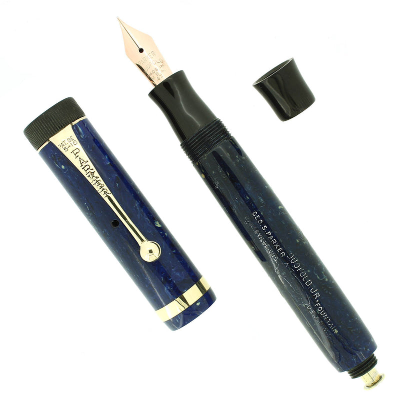 CIRCA 1928 PARKER DUOFOLD JR BLUE ON WHITE LAPIS FOUNTAIN PEN RESTORED OFFERED BY ANTIQUE DIGGER