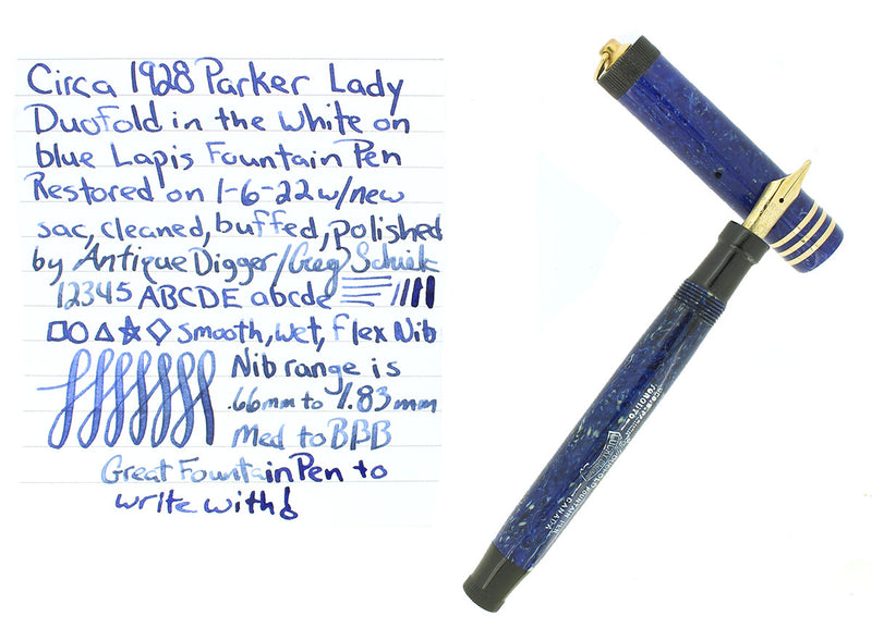 CIRCA 1928 PARKER  LUCKY CURVE DUOFOLD LAPIS WHITE ON BLUE FOUNTAIN PEN NEAR MINT OFFERED BY ANTIQUE DIGGER
