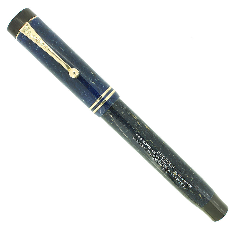 CIRCA 1928 PARKER SENIOR DUOFOLD BLUE ON WHITE LAPIS FOUNTAIN PEN RESTORED OFFERED BY ANTIQUE DIGGER