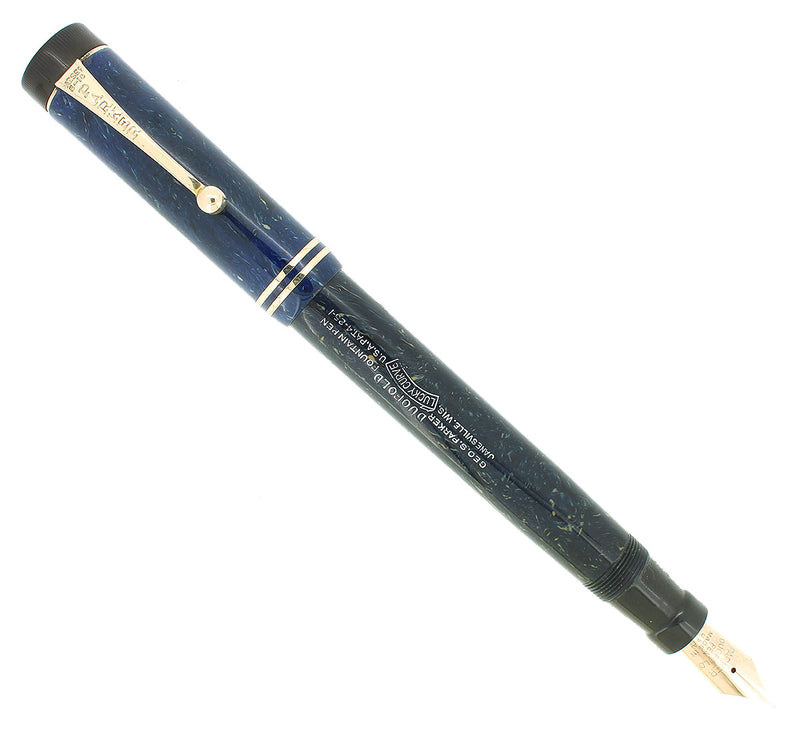 CIRCA 1928 PARKER SENIOR DUOFOLD BLUE ON WHITE LAPIS FOUNTAIN PEN RESTORED OFFERED BY ANTIQUE DIGGER