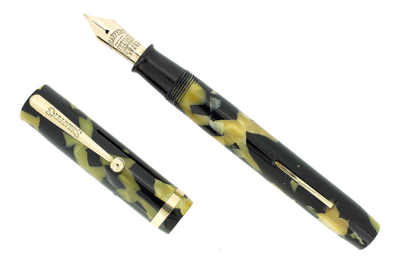 C1928 SHEAFFER OVERSIZE SENIOR BLACK & PEARL FLAT TOP FOUNTAIN PEN RESTORED OFFERED BY ANTIQUE DIGGER