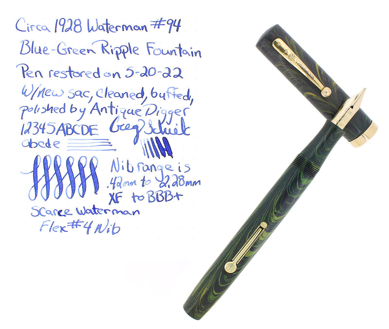 CIRCA 1928 WATERMAN 94 BLUE GREEN RIPPLE XF-BBB FLEX NIB FOUNTAIN PEN RESTORED OFFERED BY ANTIQUE DIGGER