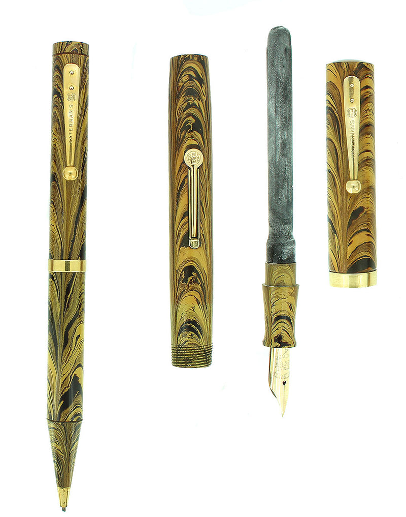 C1928 WATERMAN OLIVE RIPPLE 94 FOUNTAIN PEN AND PENCIL SET XXF - BB NIB RESTORED OFFERED BY ANTIQUE DIGGER