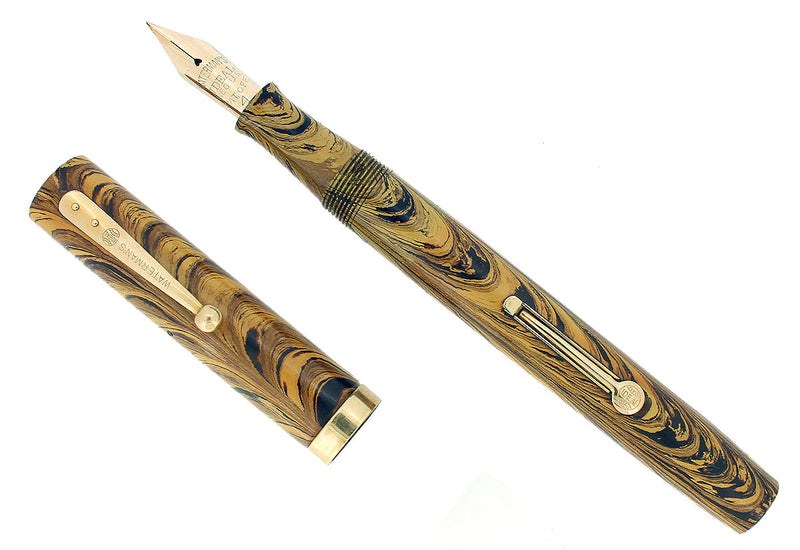 C1928 WATERMAN OLIVE RIPPLE 94 FOUNTAIN PEN AND PENCIL SET XXF - BB NIB RESTORED OFFERED BY ANTIQUE DIGGER