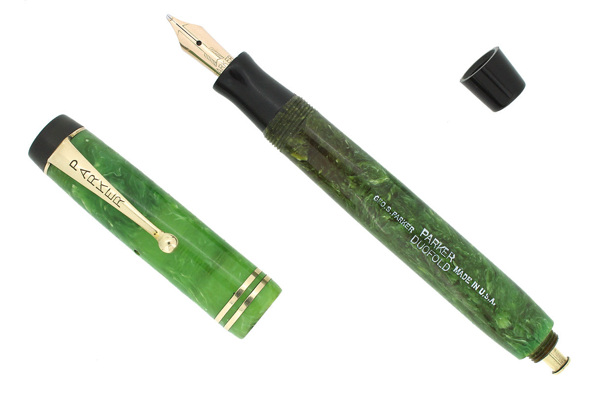 CIRCA 1929 STREAMLINE DUOFOLD JR JADE FOUNTAIN PEN BROAD NIB RESTORED