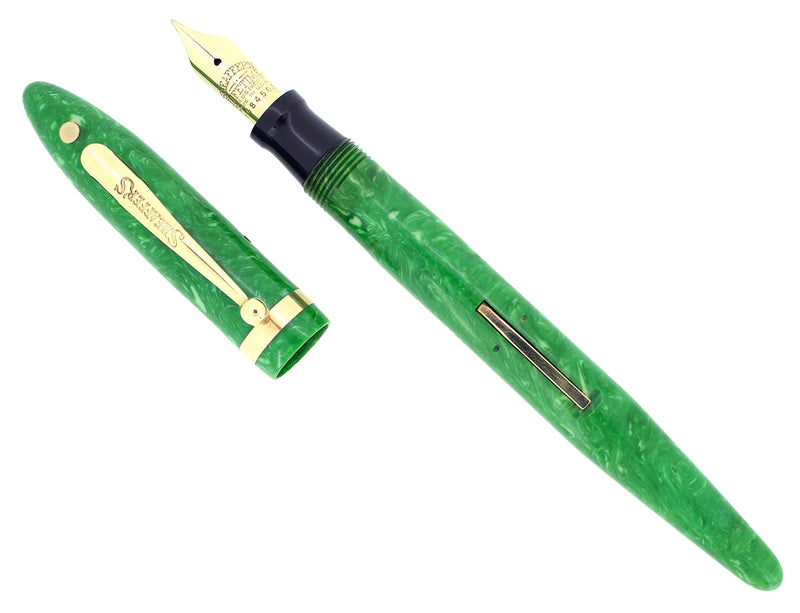 C1929 SHEAFFER EXTRA LONG BALANCE JADE CELLULOID FOUNTAIN PEN RESTORED NR MINT OFFERED BY ANTIQUE DIGGER