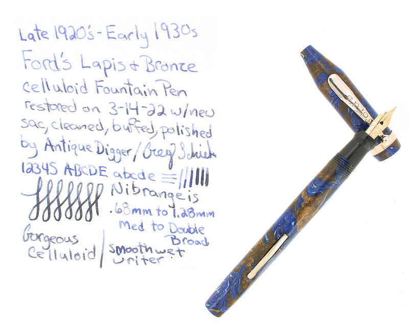 LATE 1920S FORD'S LAPIS BLUE & BRONZE HALF BALANCE FOUNTAIN PEN RESTORED OFFERED BY ANTIQUE DIGGER