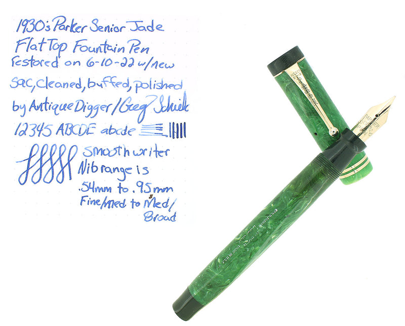 C1931 PARKER JADE SENIOR DUOFOLD FLATTOP FOUNTAIN PEN RESTORED OFFERED BY ANTIQUE DIGGER