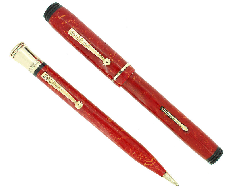 1930S GOLD BOND STONITE OVERSIZE CORAL FOUNTAIN PEN & PENCIL SET RESTORED NEAR MINT OFFERED BY ANTIQUE DIGGER