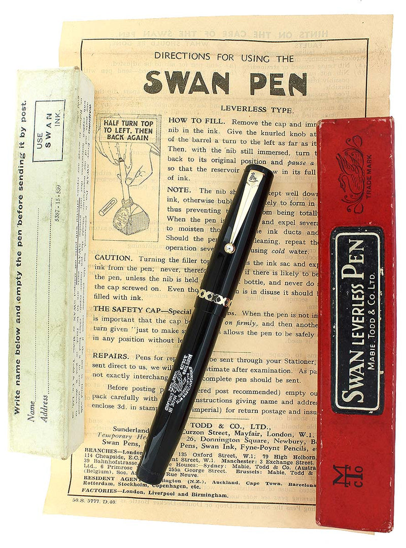 1930S MABIE TODD SWAN LEVERLESS FILLER STUB NIB FOUNTAIN PEN MINT WITH BOX OFFERED BY ANTIQUE DIGGER