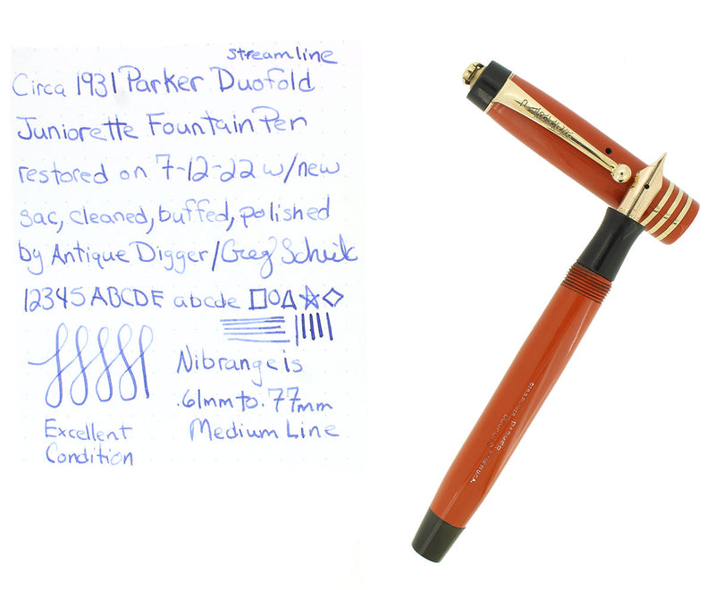 CIRCA 1931 PARKER RED DUOFOLD JUNIORETTE FOUNTAIN PEN RESTORED OFFERED BY ANTIQUE DIGGER
