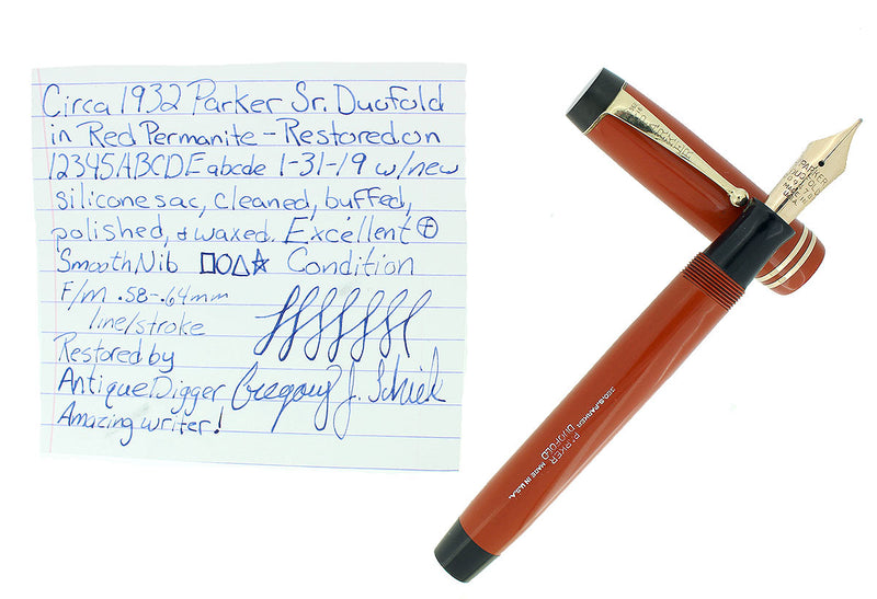 CIRCA 1932 DUOFOLD SENIOR DUOFOLD STREAMLINE RED PERMANITE FOUNTAIN PEN RESTORED OFFERED BY ANTIQUE DIGGER