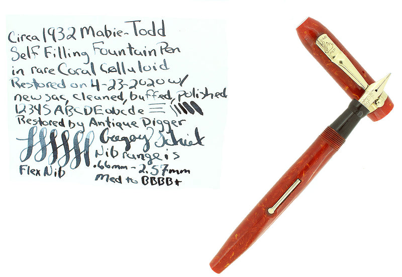 C1932 SWAN CORAL CELLULOID M-BBBB+ FLEX NIB FOUNTAIN PEN RESTORED BEAUTIFUL OFFERED BY ANTIQUE DIGGER