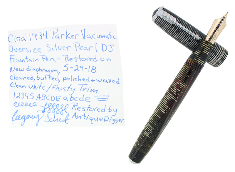 1934 PARKER SILVER PEARL DOUBLE JEWEL VACUMATIC OVERSIZE FOUNTAIN PEN RESTORED OFFERED BY ANTIQUE DIGGER
