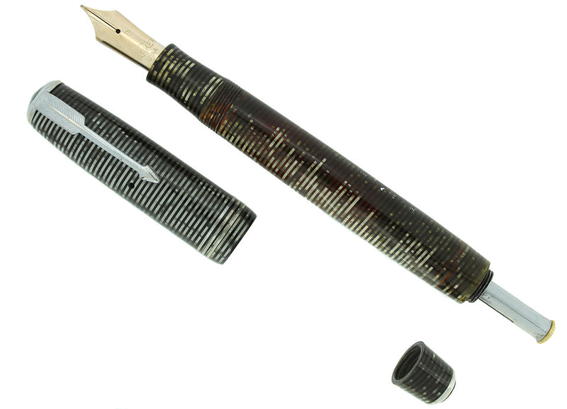 1934 PARKER SILVER PEARL DOUBLE JEWEL VACUMATIC OVERSIZE FOUNTAIN PEN RESTORED OFFERED BY ANTIQUE DIGGER