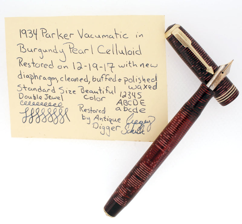 1934 PARKER BURGUNDY PEARL DOUBLE JEWEL VACUMATIC STANDARD SIZE FOUNTAIN PEN IN RESTORED CONDITION OFFERED BY ANTIQUE DIGGER