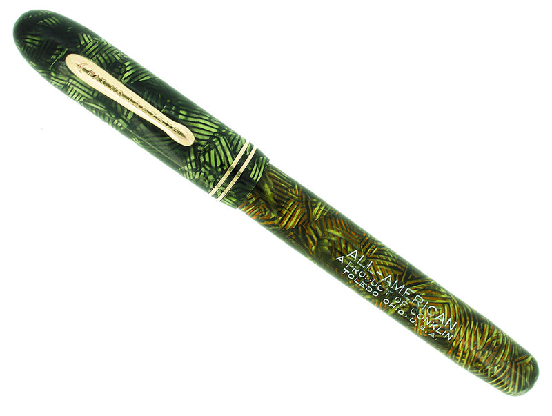 C1934 CONKLIN ALL AMERICAN GREEN BLACK CANDY STRIPE FOUNTAIN PEN RESTORED NEAR MINT OFFERED BY ANTIQUE DIGGER