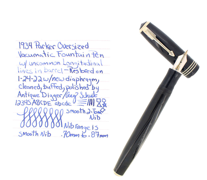 1934 PARKER JET BLACK DOUBLE JEWEL VACUMATIC OVERSIZE LONGITUNDIAL LINES FOUNTAIN PEN RESTORED OFFERED BY ANTIQUE DIGGER