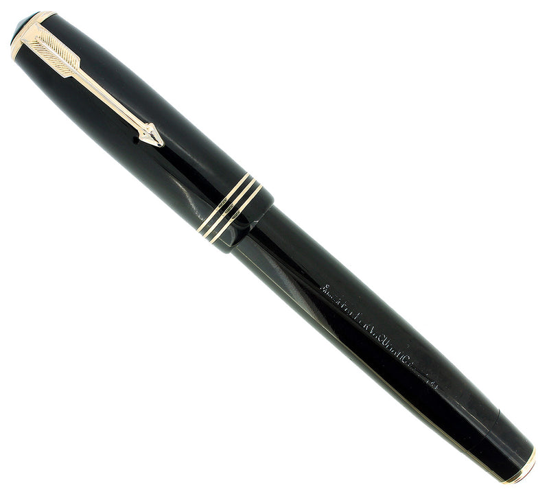 1934 PARKER JET BLACK DOUBLE JEWEL VACUMATIC OVERSIZE LONGITUNDIAL LINES FOUNTAIN PEN RESTORED OFFERED BY ANTIQUE DIGGER