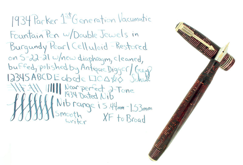 1934 PARKER BURGUNDY PEARL STANDARD VACUMATIC FOUNTAIN PEN RESTORED OFFERED BY ANTIQUE DIGGER