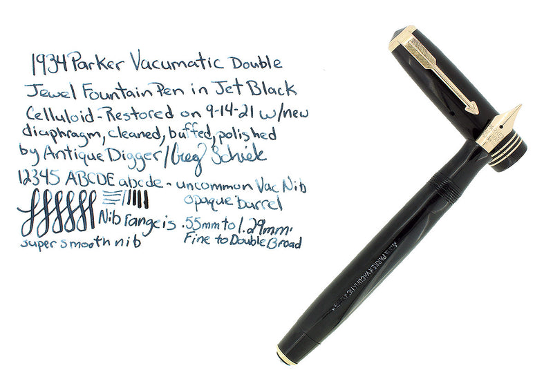 1934 PARKER JET BLACK STANDARD VACUMATIC DOUBLE JEWEL FOUNTAIN PEN RESTORED OFFERED BY ANTIQUE DIGGER