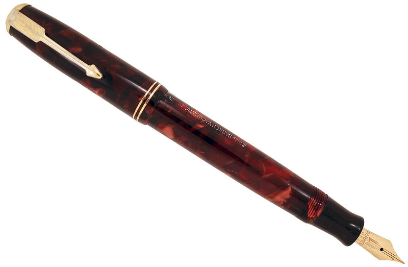 1935 PARKER MOTTLED BURGUNDY DOUBLE JEWEL VACUMATIC JR FOUNTAIN PEN RESTORED OFFERED BY ANTIQUE DIGGER