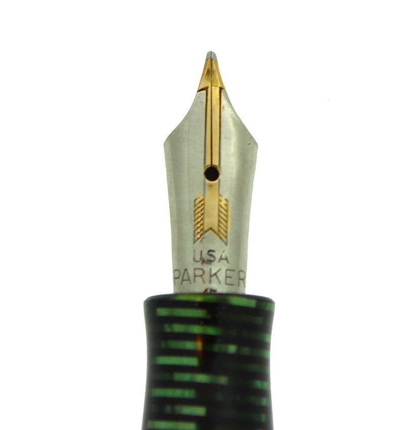 1935 PARKER EMERALD VACUMATIC DOUBLE JEWEL FOUNTAIN PEN STANDARD SIZE RESTORED OFFERED BY ANTIQUE DIGGER