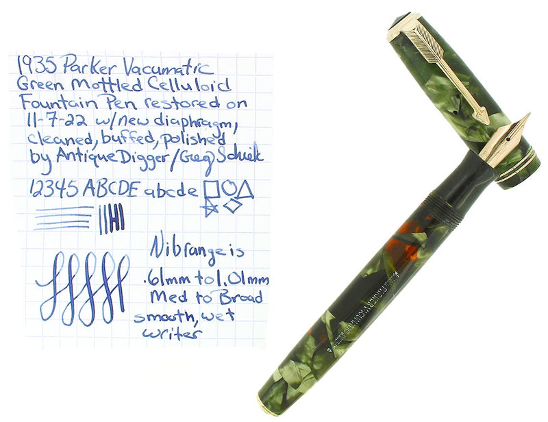 1935 PARKER VACUMATIC GREEN MOTTLED DOUBLE JEWEL FOUNTAIN PEN RESTORED OFFERED BY ANTIQUE DIGGER