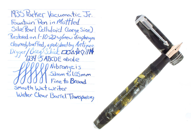 1935 PARKER VACUMATIC MOTTLED SILVER PEARL DOUBLE JEWEL FOUNTAIN PEN RESTORED OFFERED BY ANTIQUE DIGGER