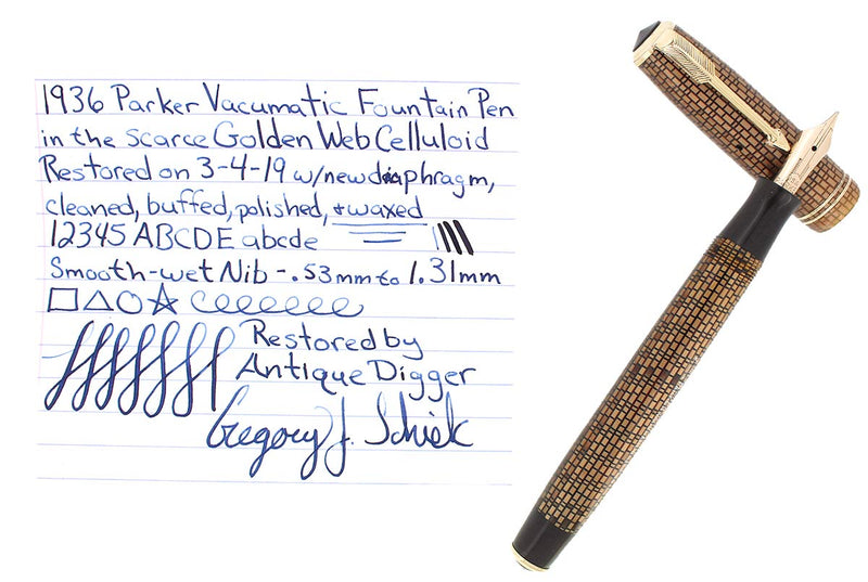 1936 PARKER GOLDEN WEB VACUMATIC DOUBLE JEWEL FOUNTAIN PEN F - BB NIB RESTORED OFFERED BY ANTIQUE DIGGER