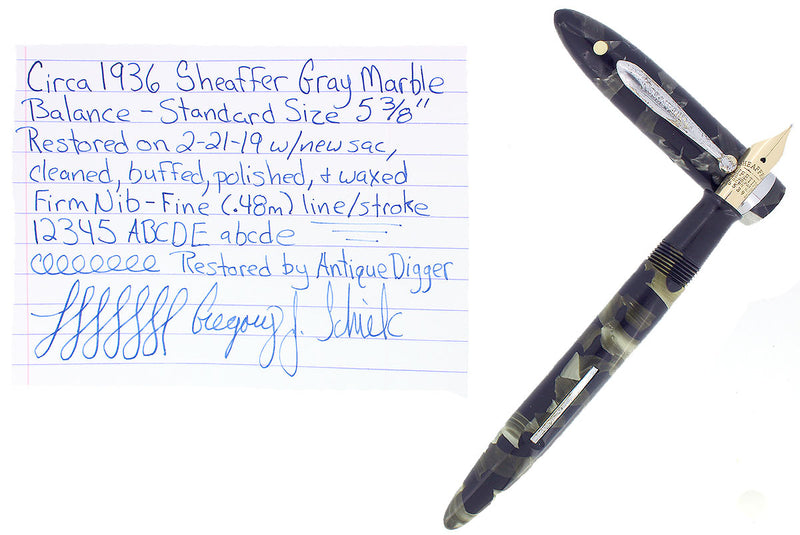 CIRCA 1936 SHEAFFER STANDARD SIZE GRAY MARBLED BALANCE FOUNTAIN PEN RESTORED OFFERED BY ANTIQUE DIGGER